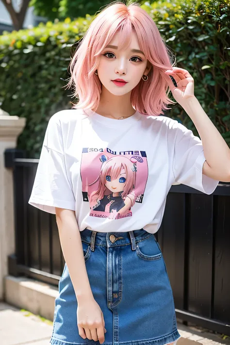 Anime Touch、((Highest quality)), ((masterpiece)), (detailed), One girl, And soul、Classic American taste、With a girl、Pink Hair、My hair is wavy、T-Shirts、Jeans fabric skirt、solo、