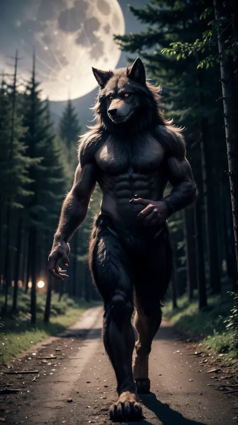 Create a strong, furry werewolf, with claws coming out of their nails,walking over the forest on a full moon night with trees swaying in the wind, e o clima dark