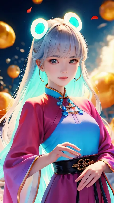 Tang Suit，Chinese Hanfu，Close-up of face，An image of a woman wearing colorful tech clothing, Fluid surreal style, shining/smooth, Accurate and realistic, Hard Surface Modeling, Precisionism, Light silver and sky blue, project/Construction and design，Lumino...