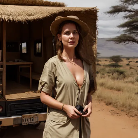 June - Safari Adventure in Serengeti
A woman named LaGermania posing for a chic calendar photoshoot in the Serengeti during June. She stands beside an open safari vehicle with vast savannah plains stretching to the horizon. Dressed in safari clothing with ...