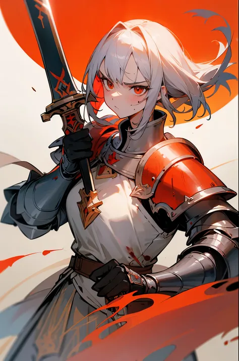 (a beauty girl，royal knights，Wear portable armor)，Portrait of a noble knight，speed-line，Combat posture，Wield a giant sword，angry look，bellow，magma，Blood-red moon
