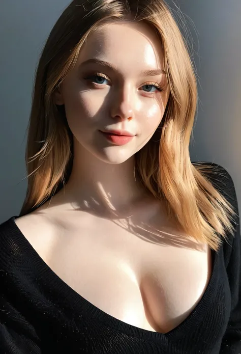 instagram photo, photo of 23 y.o Chloe in black sweater, cleavage, pale skin, (smile:0.4), hard shadows