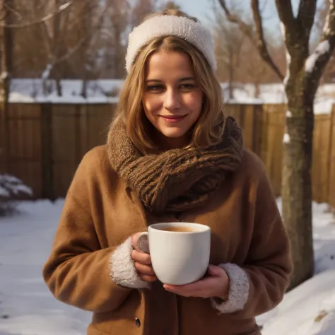 January - Winter Garden Respite

In this January calendar scene, the portrait of 1woman blond LaGermania happy curious deductive smiling captures the tranquility of a winter garden respite. She stands amidst bare fruit trees and dormant flower beds, dresse...