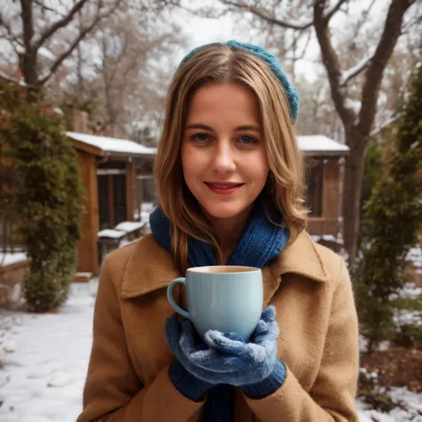 January - Winter Garden Respite

In this January calendar scene, the portrait of 1woman blond LaGermania happy curious deductive smiling captures the tranquility of a winter garden respite. She stands amidst bare fruit trees and dormant flower beds, dresse...