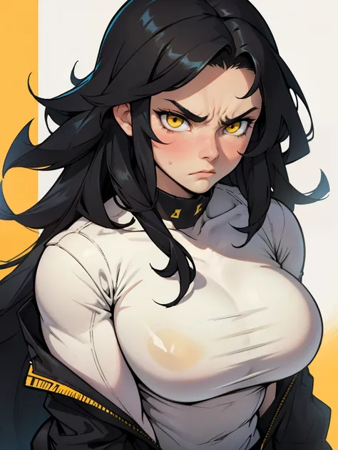 angry girl thick thick thick thick muscular large breasts long hair pale skin black hair yellow eyes tight clothing frown blush