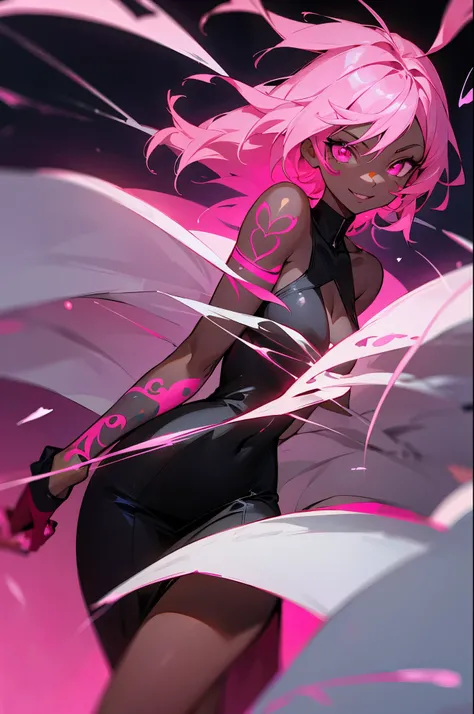 black skin, anime woman, happy, glowing pink eyes, glowing pink tattoos, medium length glowing dark pink hair, wearing a black dress
