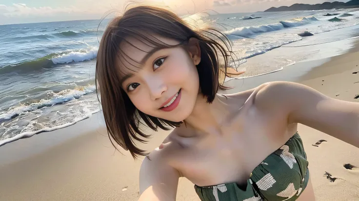 top-quality, high resolution, Photorealsitic, Raw Photo, 1 Idol Girl, with round face, no makeup, (Red-brown wavy bob cut hair, Floating hair), small breasts, Full body, side view ,sunset light, dark, on the beach, Look at sea, A smile that makes the viewe...