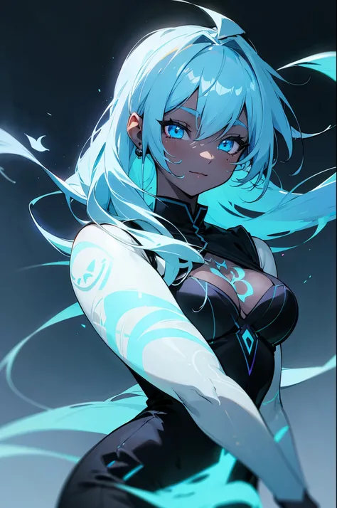 black skin, anime woman, happy, glowing light blue eyes, glowing light blue tattoos, glowing light blue straight hair, wearing a black dress, black roses in hair
