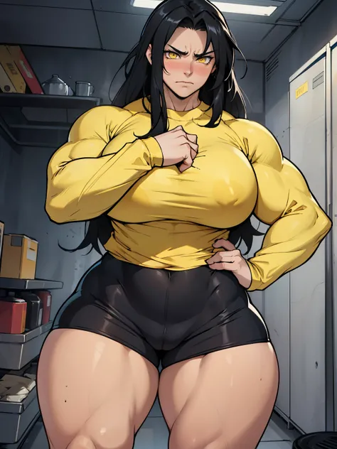 1girl solo black hair yellow eyes very long hair pale skin muscular muscular muscular muscular toned body huge muscles thick thighs girl tight clothes angry blushing messy hair tight shirt long sleeves thick thick thick thick 