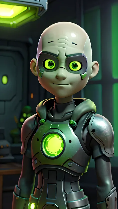 ghibli style borg cyborg gray skin veins bald head metal armor eye patch in a room with neon glowing green lights and alcoves radiant lights expressionless expression borg cube