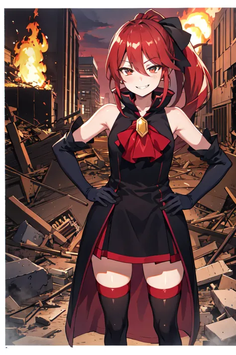 Highest quality, masterpiece, One Girl,Not beautiful, Red Ponytail, Long dress, brooch, Hair Ribbon, - Elbow hand pockets, Black knee socks, Standing on the rubble, Burning cityscape, (Wicked Smile:1.1), Hands on hips,,Dark shadowed face,Sadistic smile,Mal...