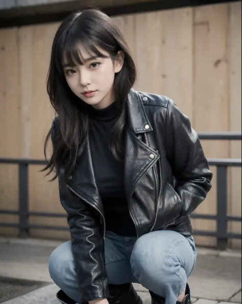kawaii,cute,1woman, . large breast , intricate background, -, hair over eyes, covered eyes, blunt bangs, sideburns , smug, nose blush , , from below, Establishing Shot,
A fashionable woman in ripped skinny jeans, a black leather jacket, and ankle boots, po...