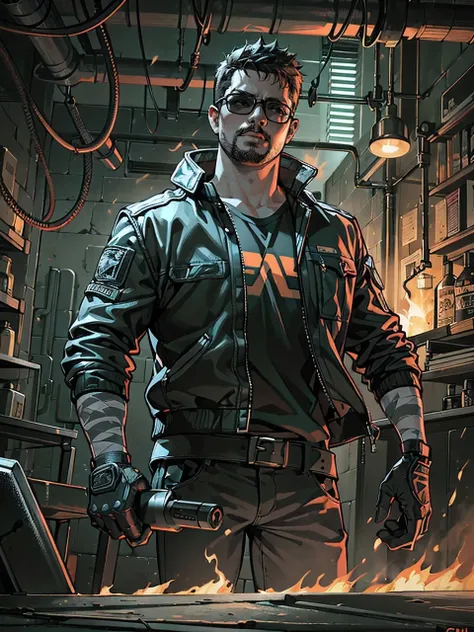 a strong, muscular 1 man, male1.1, with black hair, wearing shades, a leather jacket, and bandages on his face, standing in a workshop surrounded by sparks from a blowtorch, with a stoic expression and bright orange eyes, (best quality,4k,8k,highres,master...