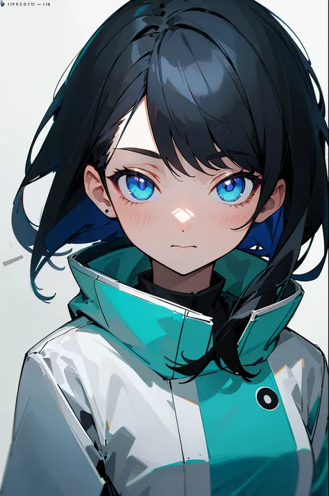 Highest Quality, masutepiece, front facing, 1 girl in, Turquoise eyes, jet-black hair, Jacket (Gray white background:1.4), (night sky background:1.3),
