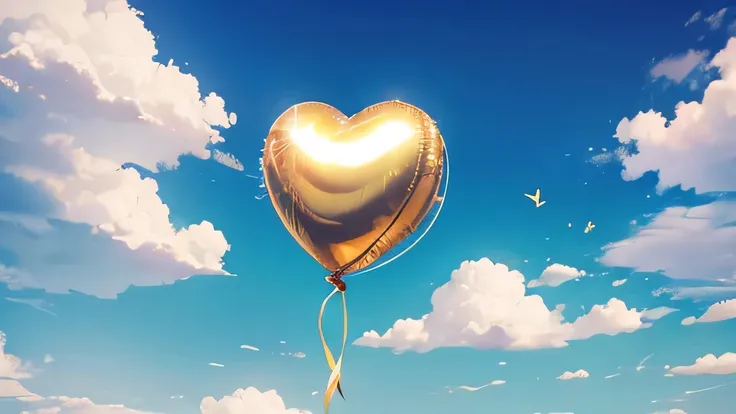 Golden love ballon, fly tho the sky, no anyone on the picture