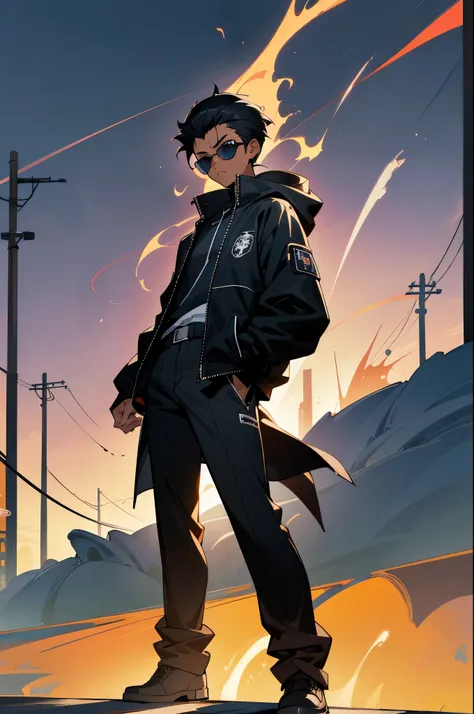 Dark skinned guy in a black jacket and sunglasses standing in a city street, undercut hairstyle, black hair, eye scar, badass anime 8 k, 4k anime wallpaper, anime style 4 k, anime art wallpaper 8 k, anime wallpaper 4k, anime wallpaper 4 k, 4 k manga wallpa...