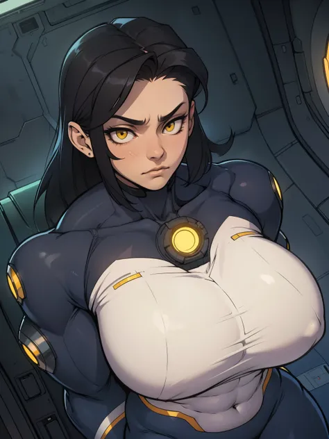 massive hair huge tits giant muscles expressionless sad girl black hair long hair yellow eyes pale skin extremely thick ((alien suit inside spaceship cockpit))