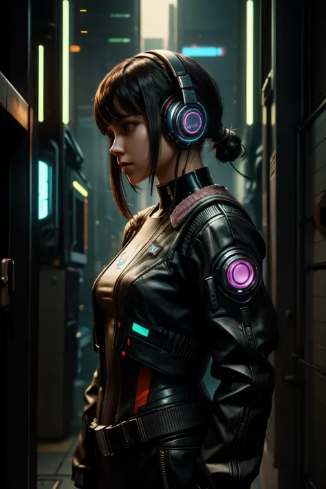 a woman with headphones standing next to a robot, cyberpunk art by Jason A. Engle, cgsociety, retrofuturism, ilya kuvshinov, sci-fi, futuristic, vibrant, photorealistic, realistic, dramatic, cinematic lighting, sharp focus, 8k