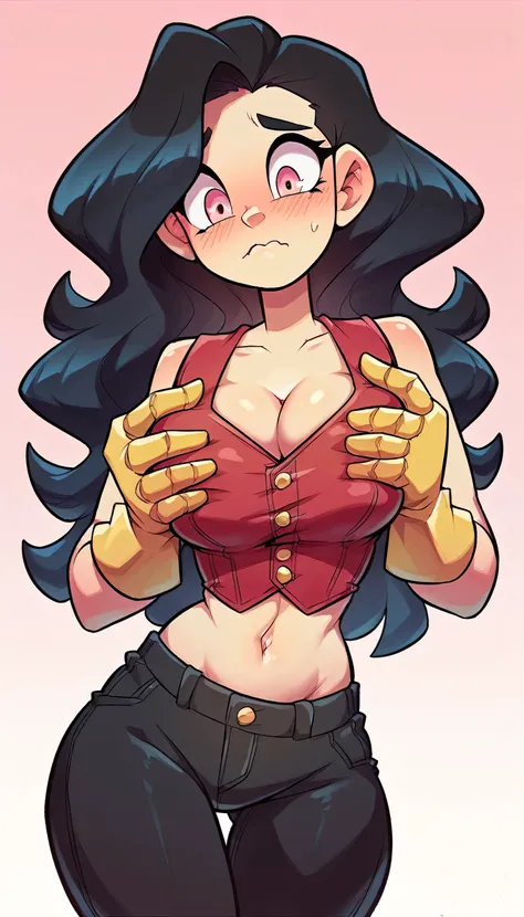 A shy girl nervous afraid dumb silent sexy cute beautiful beautiful big breast long wavy black hair her pink eye wears a red corset under a black vest shows her navel and a metallic black pants yellow boot long yellow metal gloves