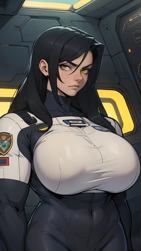 massive hair huge tits giant muscles expressionless sad girl black hair long hair yellow eyes pale skin extremely thick ((alien suit inside spaceship cockpit))