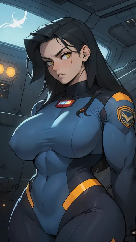 massive hair huge tits giant muscles expressionless sad girl black hair long hair yellow eyes pale skin extremely thick ((alien suit inside spaceship cockpit))