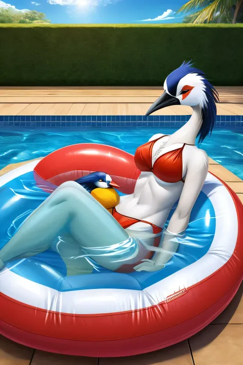 Serene, an alluring female anthropomorphic American Red-Crowned Crane in her red bikini, is inflating her inflatable red parrot pool float and white swan pool float by her poolside. Then Yuriko, a hot and alluring female anthropomorphic Japanese Red-Crowne...