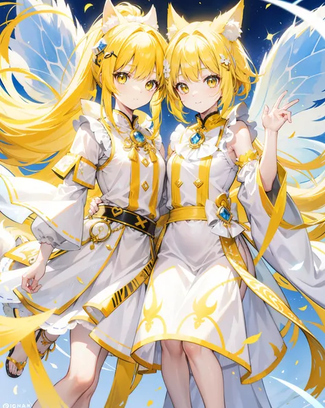 Bright yellow hair with high ponytail，The white and yellow clothes are decorated with gold accents，As cute and cute as a fairy, small cute neko ears, white and yellow fox tail, happy faces