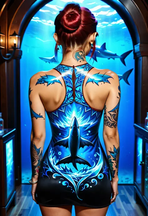 Arafed, a picture of a ((shark tattoo: 1.5)) on the back of a female elf, of  glowing tattoo of a ((blue shark: 1.3)) the shark tattoo is vivid, intricate detailed coming to life rising from the ink to real life, ,  AlchemyPunkAI, shoot taken from the back...