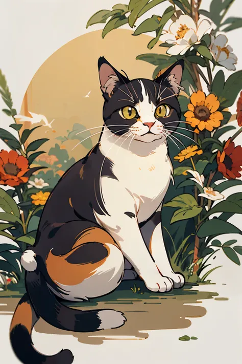 Gato animal , tricolor coat, pelagem Tortoiseshell e calico.  lots of flowers and berries , and bird feathers, and gives off a very soft vibe, little bees and butterflies are all around.
Cat in art, forest background, Elegant piece,  fur textures,