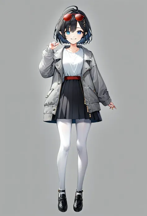 1girl, solo, wearing sunglasses, black hair, short hair style, red headband, full body, elf ears, long bangs, fang, wide smile, white shirt, grey jacket, long sleeves, light blue eyes, beautiful eyes, detailed eyes, looking at viewer, gradient background, ...