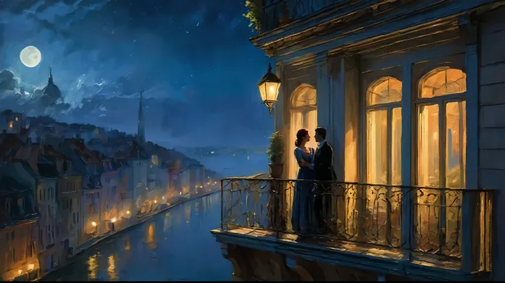 a couple standing on a balcony looking out at the city, inspired by evgeny lushpin, by evgeny lushpin, romantic painting, by ale...