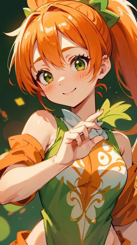 1 Girl、8K、Sharp focus、(Bokeh) (Highest quality) (Detailed skin:1.3) (Intricate details) (anime)、Orange clothes、Orange Hair、ponytail、Beautiful green eyes、Wicked Smile、Loincloth、Shrimp mascot、Upper body close-up