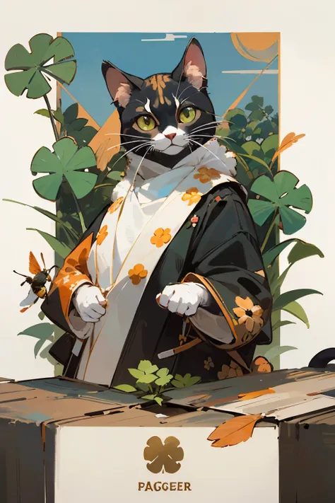 Gato animal , tricolor coat, pelagem Tortoiseshell e calico. vitoria regia ,  four leaf clover and berries and flowers, and bird feathers, and gives off a very soft vibe, little bees and butterflies are all around.
Cat in art, river bottom, fur textures,