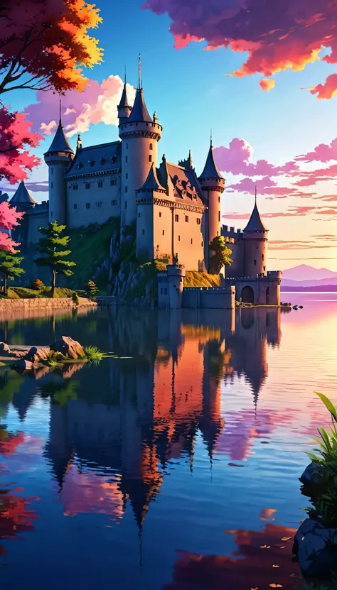 A stunning scene of a medieval castle situated by a lake, set against a vibrant sunset sky with hues of pink and orange. The castle features multiple turrets and a fortified stone structure, reflecting beautifully on the calm waters of the lake. The archit...