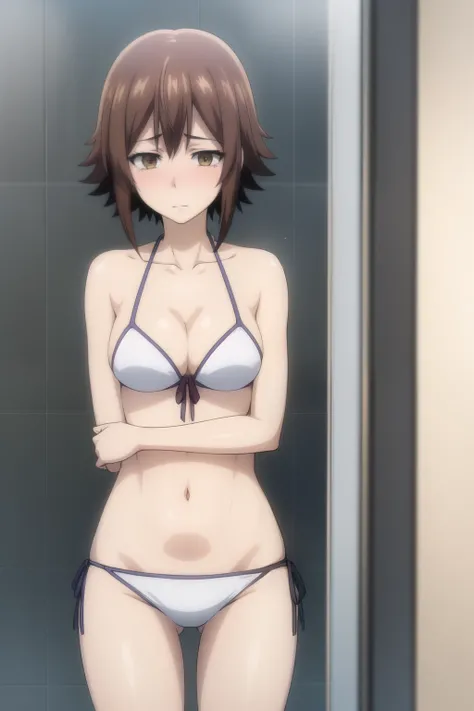 Highest quality, (masterpiece:1.2), Very detailed, 
One girl, alone,
View your viewers, Embarrassed expression, Medium chest, 
Brown eyes, Brown Hair, short hair, Front tie bikini top, White Bikini、shower room