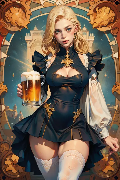 ((best qualityer)), ((work of art)), (detailded), Goddess Freya, beautfull woman, blonde, Attractive  woman, voluptuous, slim, busty, Broad Hips, wide thighhighs, clear eyes, short in stature, freckles on the face, nordic clothes, holding a wooden mug with...