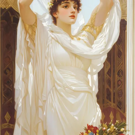 arafed woman in a white dress holding a bouquet of flowers, ledmund leighton, by Frederick Lord Leighton, by Frederic Leighton, inspired by Frederick Lord Leighton, inspired by Frederic Leighton, inspired by Alexandre Cabanel, by Alexandre Cabanel, inspire...