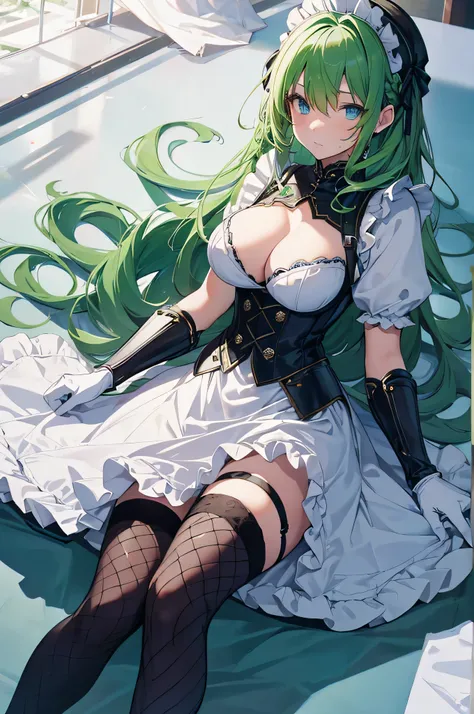 4K,High resolution,One Woman,Green Hair,Braid,Blue Eyes,Big Breasts,knight,White maid outfit,no good,Armor Boots,White gloves,Black fishnet stockings,Maid&#39;s Headband,Jewelry decoration,Long sword,Medieval castle town