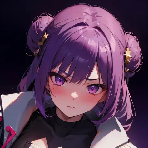 1girl, purple hair, (blushing:1.1), absurdres, double bun, masterpiece, ultra detailed, purple atmosphere, detailed lips, ultrasharp, 8k, sexy, anime 4k, angry face, ultra detailed face, facing the viewer, (night city background:1.3), glowy eyes.