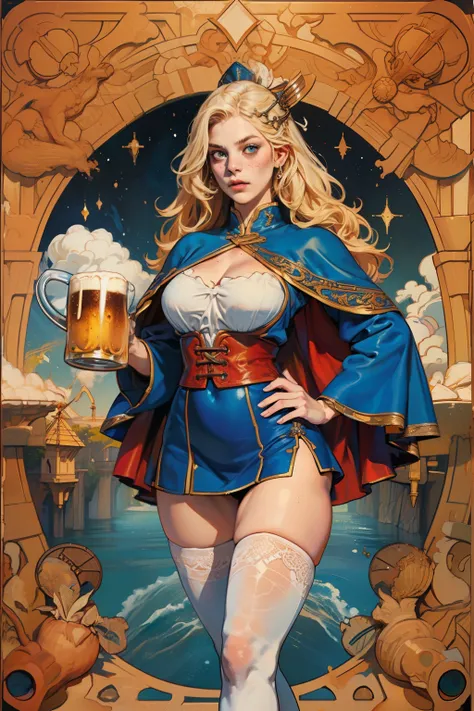 ((best qualityer)), ((work of art)), (detailded), Goddess Freya, beautfull woman, blonde, Attractive  woman, voluptuous, slim, busty, Broad Hips, wide thighhighs, clear eyes, short in stature, freckles on the face, viking outfits, holding a mug of beer, wi...