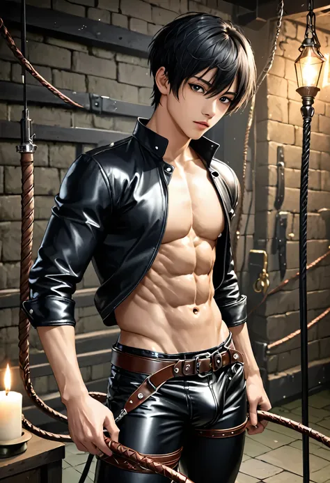 high quality, detailed, Realistic, (19 years old japanese idol boy), (detailed black eyes), (black short hair), (abs:1.5), (shiny skin), (whip), (leather bondage), dungeon, harness, (leather tiny thongs), (bulge:1.2), candle, 