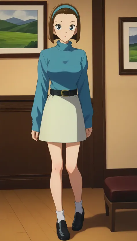 score_9, score_8_up, score_7_up, score_6_up, BREAK, SonokoSuzukiDCXL, blue eyes, brown hair, short hair, bob cut, forehead, blue hairband, medium breasts, turtleneck, blue sweater, long sleeves, black belt, white skirt, black shoes, solo, standing, looking...