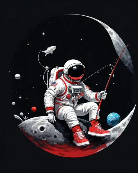  astronaut sitting on a small planet holding a fishing rod, wearing red and white sneakers, illustration, stylish, text logo: space, flat-colors, (black backdrop), High definition, 8K