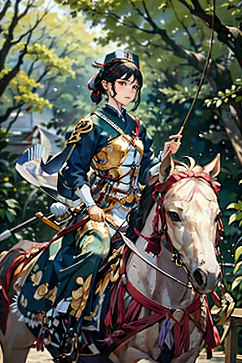 (masterpiece), (Highest quality), Classical painting, Horseback archery、1 Girl, (Whole Body), Portraiture, (Sargent 油 painting)、Realistic, Photorealist,alone,Beautiful Face、A vivid face、Black-haired、short hair、Beautiful Skin、Charm、detailed,Dark Background,...