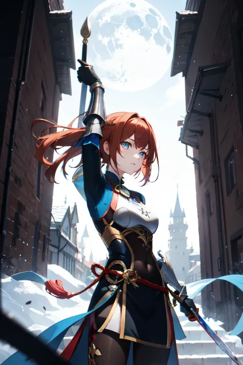 1 girl, plate armor, shorth hair ,Reddish blonde hair, blue colored eyes, castle, moonlights, magie, paisaje, bloodstains, Depth of field, natta, Light particles, lightrays, side lighting, Destiny (Series), impacto genshin,wielding two swords