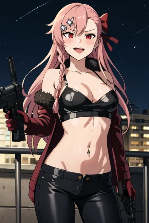 negev_girlsfrontline, 1girl, holding_gun, machine_gun, blush, lipstick, long hair, crazy eyes ,outdoors, rooftop, cityscape, building, railing, night, night sky, scenery, city lights, fur trim, mature female, gloves, fur-trimmed coat ,masterpiece, best qua...