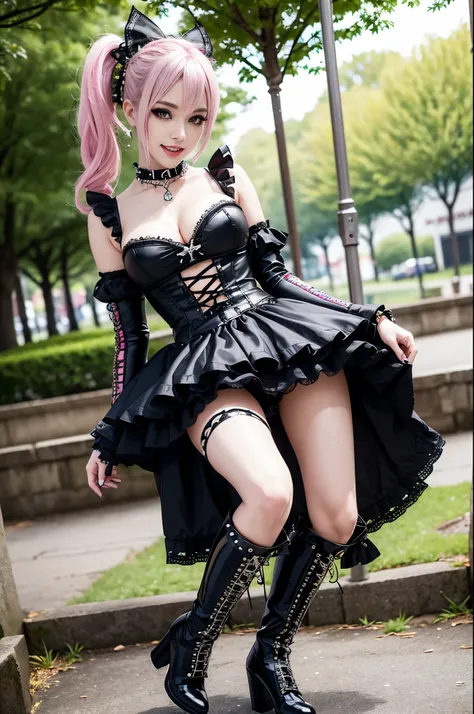 sexy stylish female model, only 1 female, ((doll-like appearance)), long dramatic stylish hair, ((shiny Punk-Style boots)), (happy smile), ultra detailed eyes, lipgloss, ((sexy Punk Lolita cosplay)), unconventional skirt, petticoats, high neckline, ((ultra...