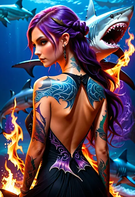  a picture of a an elf with  a ((tattoo of a shark: 1.5)) on her back, Dark fantasy art, fantasy art, goth art,, a glowing tattoo of a ((shark: 1.3)) on the back of the elf, the ((shark tattoo)) is vivid, intricate detailed coming to life from the ink to r...