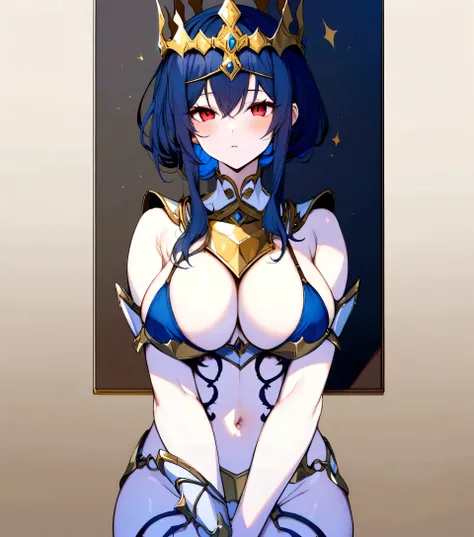 golden bikini armor, golden crown, bare belly, big breasts, blue hair, red eyes