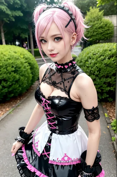 sexy stylish Swedish model, only 1 female, ((doll-like appearance)), short neon pink stylish hair, ((shiny Punk-Style boots)), (smiling face), ultra detailed eyes, Punk makeup, lipgloss, ((sexy Punk Lolita cosplay)), unconventional skirt, petticoats, high ...